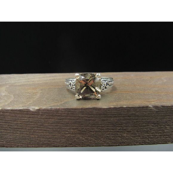 Size 8 Sterling Silver Fancy Accent Square Smoky Quartz Band Ring Vintage - Picture 1 of 9